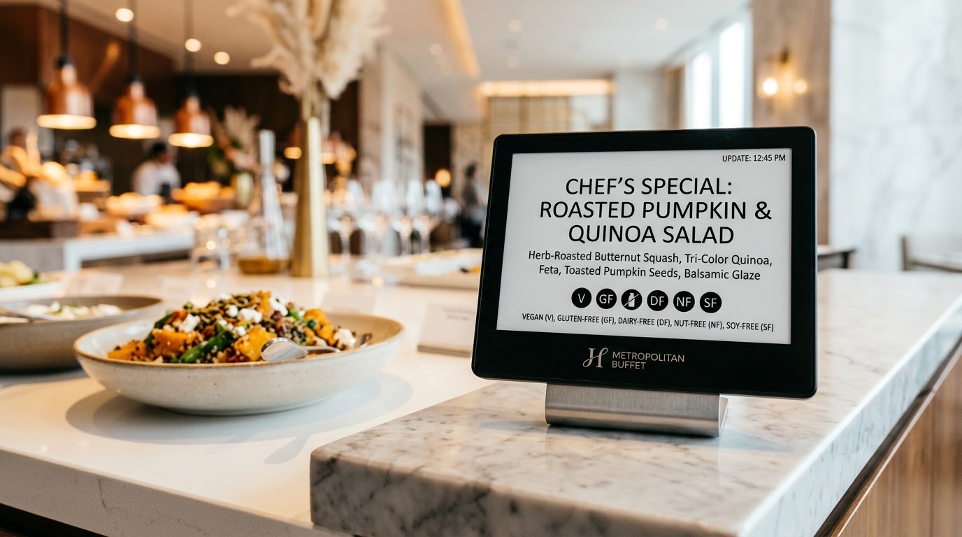 Étiquette numérique de buffet affichant le plat du chef à côté d'une salade gourmande dans un hôtel
