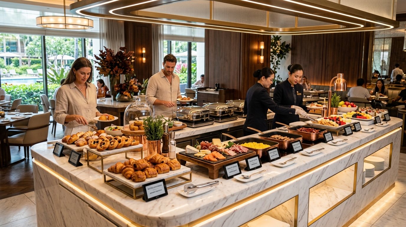 Buffet d'hôtel de luxe avec étiquettes numériques le long du comptoir