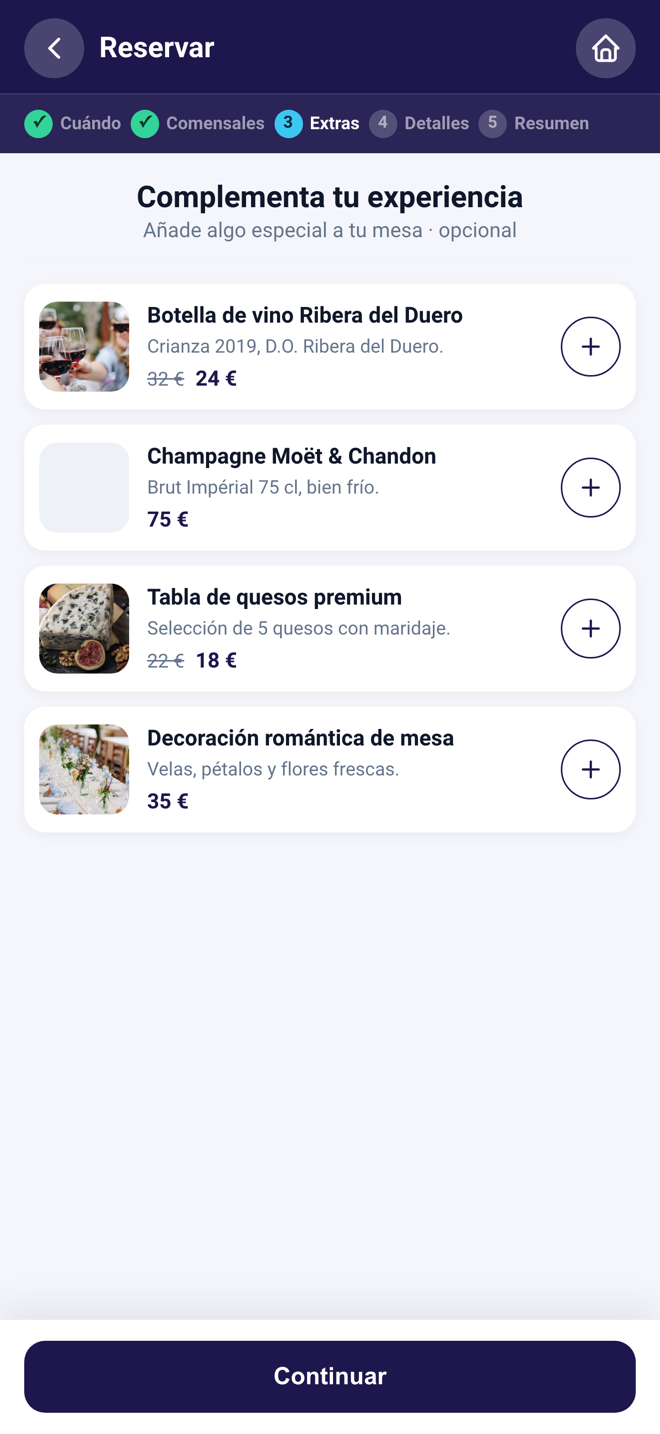 Paso de extras en la reserva: botella de vino, champagne, tabla de quesos y decoración con precios
