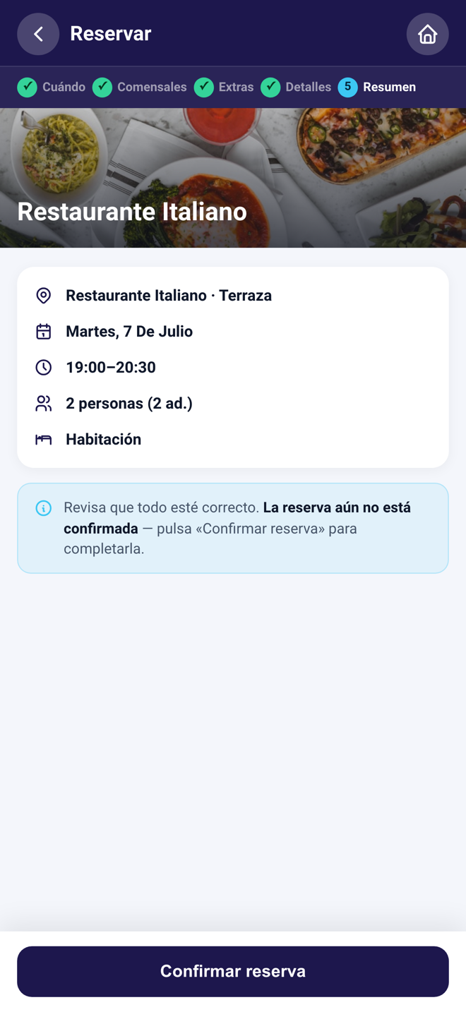 Resumen de reserva de restaurante en la webapp del huésped