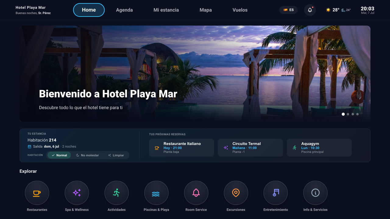 App Smart TV Hoteligy mostrando información del hotel en televisor de habitación