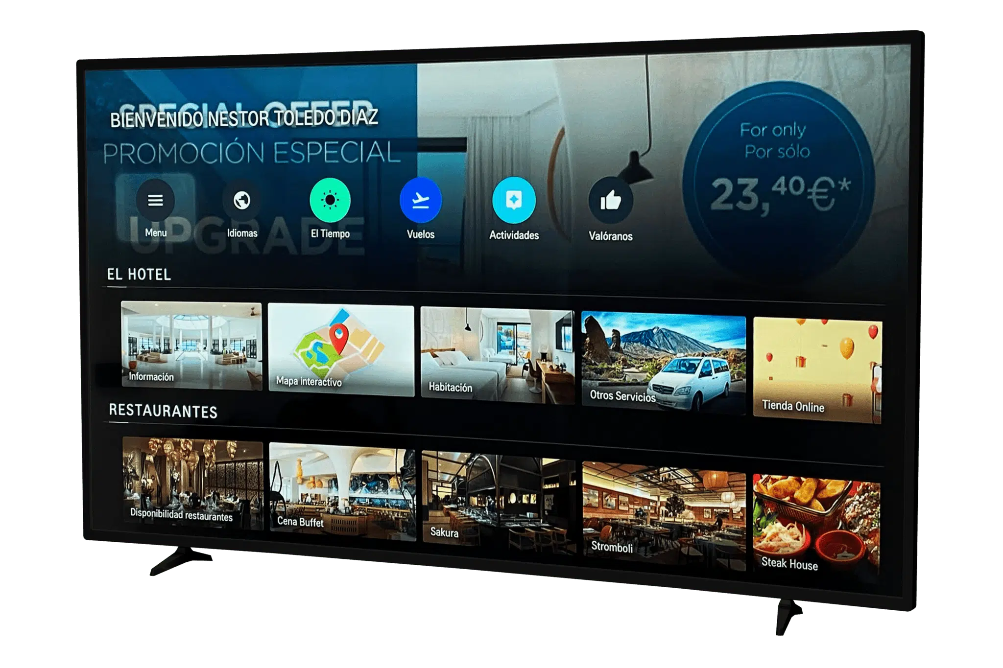 Hoteligy Smart TV app showing hotel information on room television