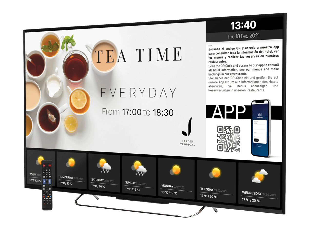 Hoteligy corporate TV channel showing hotel content on television