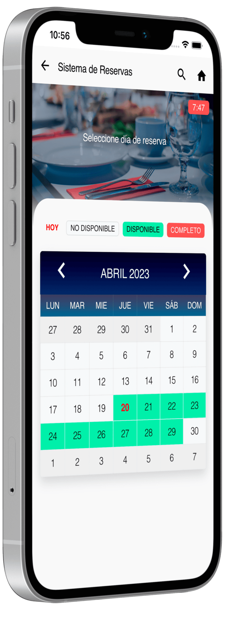 Calendario digital mostrando disponibilidad para reservar restaurantes en la Guest App de Hoteligy