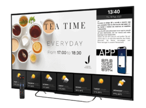 Canal de TV corporativo Hoteligy en Smart TV con mando a distancia