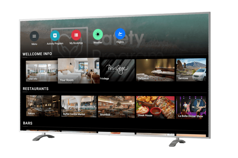 Pantalla de televisión inteligente mostrando la app Hoteligy para hoteles