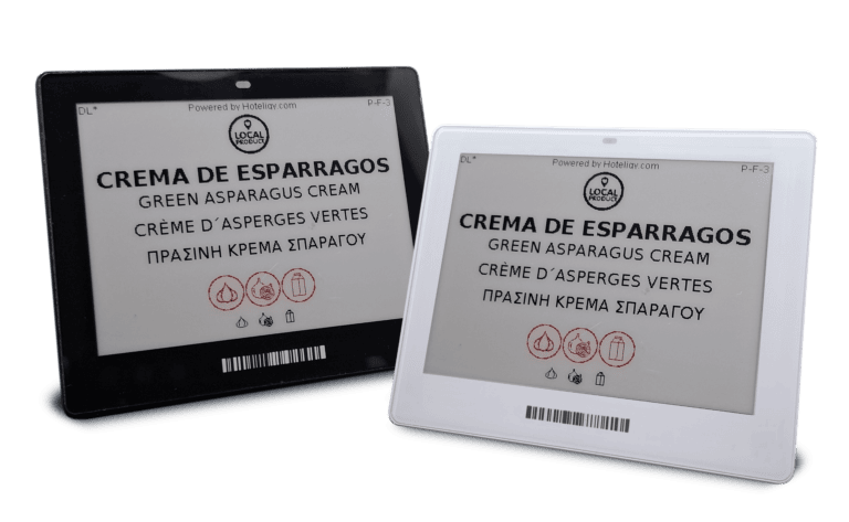 Dos etiquetas electrónicas de buffet de 4.2 pulgadas con texto en varios idiomas sobre espárragos