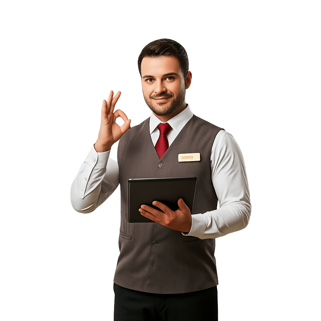 Empleado de hotel satisfecho validando la solución digital de Hoteligy